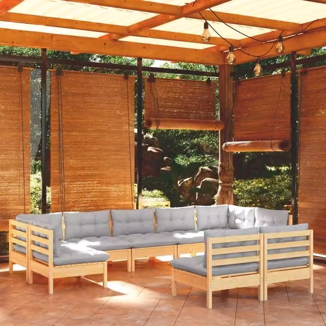Set Divani da Giardino 9 pz con Cuscini Grigi Massello di Pino 3097198