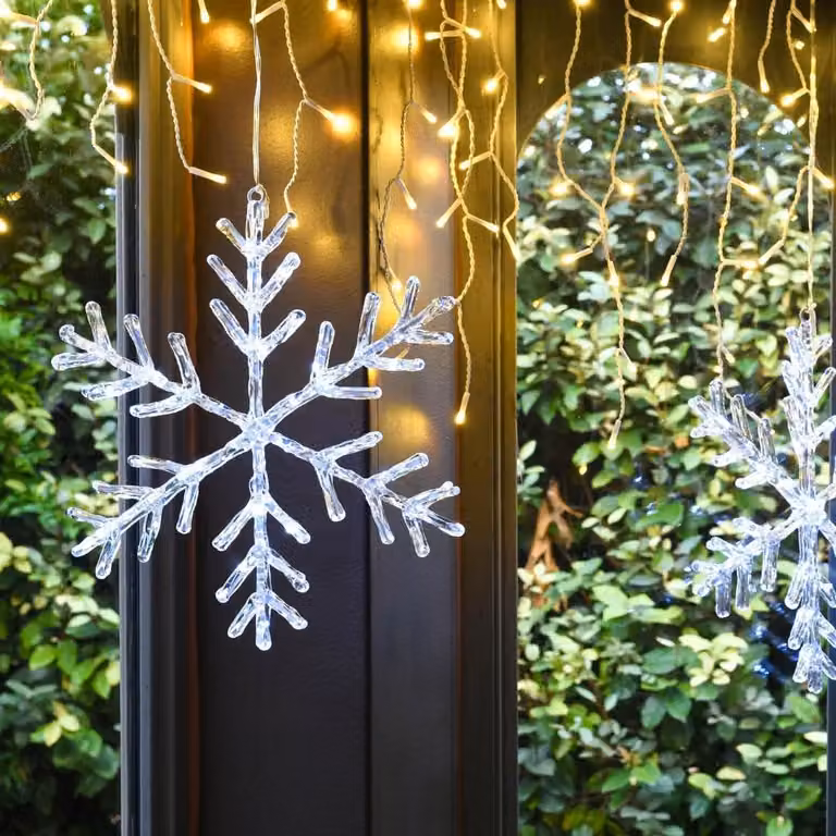 Luce decorativa a forma di fiocco, diametro 36 cm, 30 micro-LED, 8 animazioni, timer, grado di protezione IP44, adatta per interni ed esterni