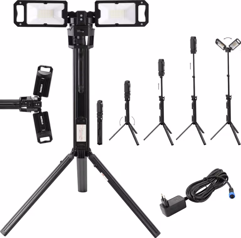 TECPO Duo LED Faretto da cantiere 5000 lumen Faretto da lavoro a batteria con batteria ricaricabile e treppiede