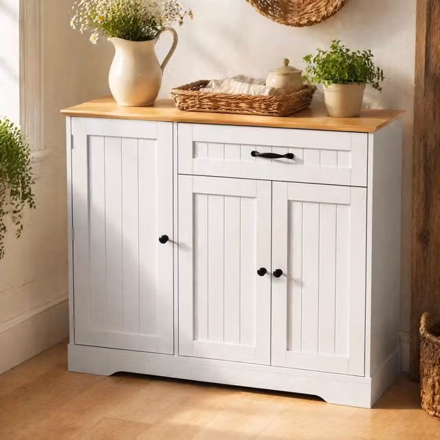 Credenza bianca e naturale in MDF, 3 ante e cassetto con ripiani regolabili