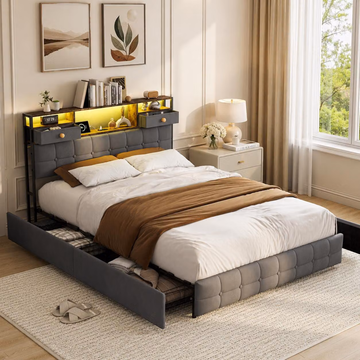 Letto imbottito INONEFT 140x200 con LED e USB, letto per giovani con testiera dotata di 2 vani chiusi e 3 ripiani aperti, 4 cassetti, colore grigio