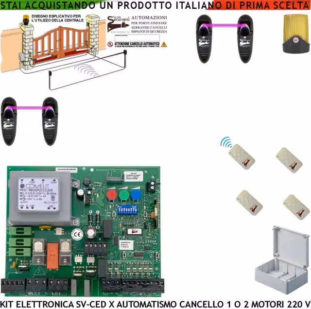 Centralina Securvera per cancello elettrico a 2 ante 220 V con 4 radiocomandi e 2 fotocellule, verde