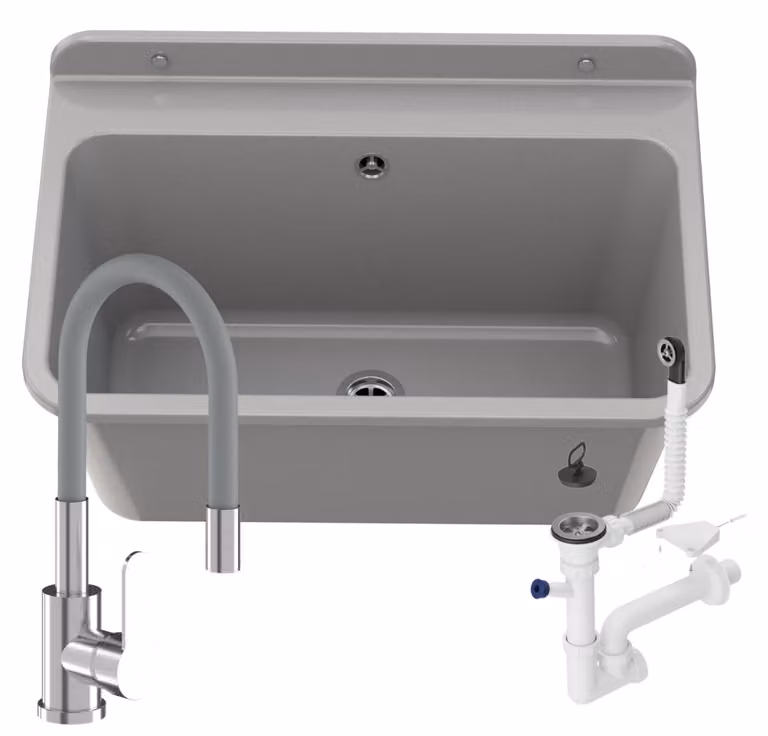 Granitan - Lavatoio - Lavandino 61x41 cm - Lavello grigio - con miscelatore GRADO e sifone - LARGE