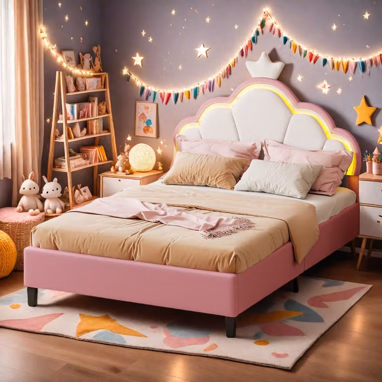 UnboxG letto per bambini imbottito 90×200 cm con rete a doghe, letto per bambini con testata a forma di , letto per ragazzi letto singolo con led, letto per principesse letto in legno, rosa
