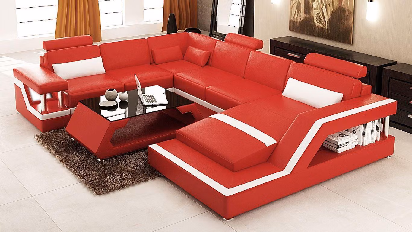 Rote Ecksofa Ledersofa Big XXL U-Form Wohnlandschaft Sofa Couch Garnitur Leder