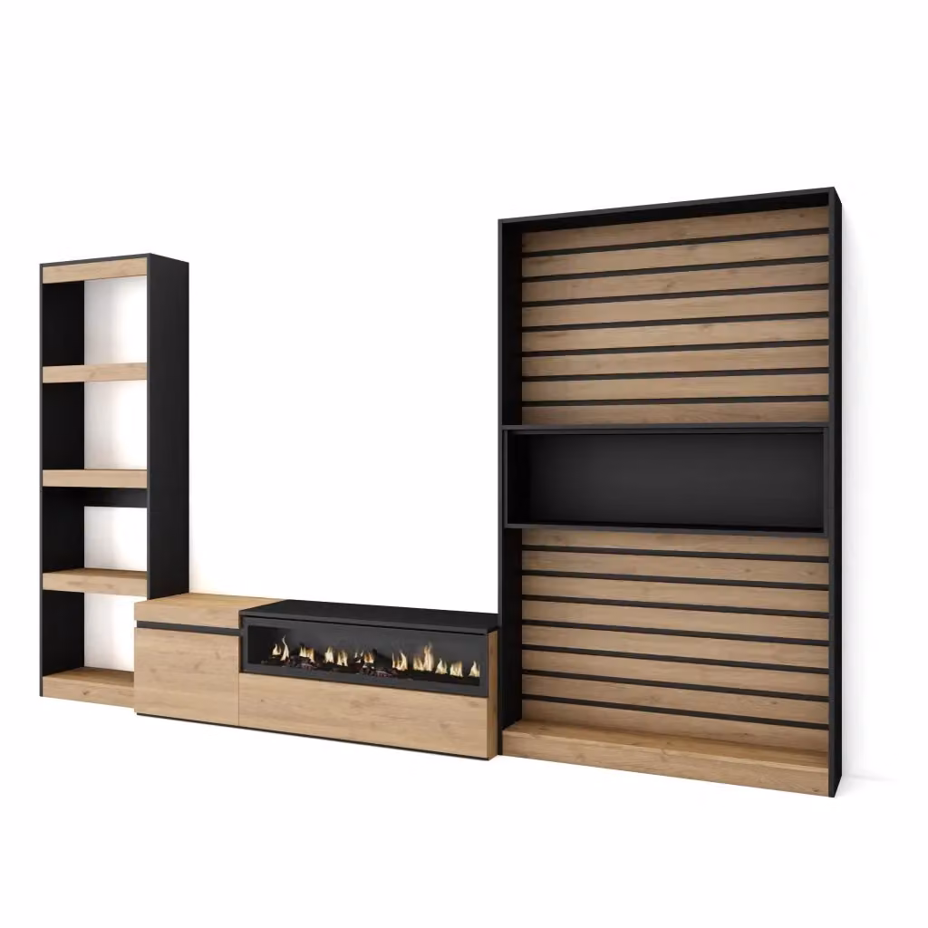 Mobile TV per soggiorno con camino elettrico SKRAUT HOME, colore Rovere e nero, L: 320 cm, P: 35 cm, H: 186 cm – 2