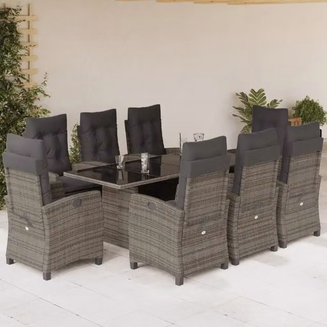 Set da pranzo da giardino vidaXL in polyrattan grigio con tavolo in vetro e 9 sedie con cuscini – 1