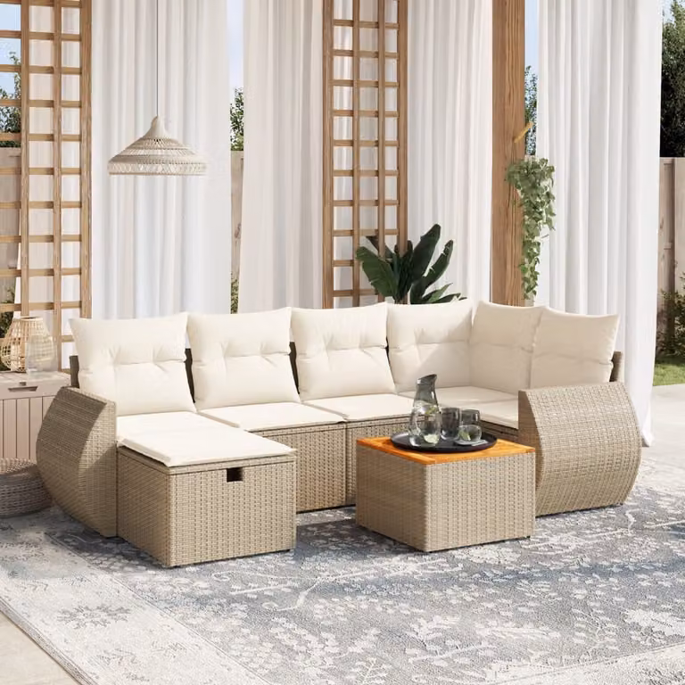 vidaXL Set Divani da Giardino 7 pz a Forma a L con Cuscini Beige e Tavolino, Polyrattan e Struttura in Acciaio Verniciato a Polvere