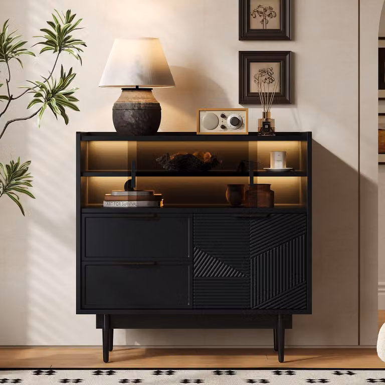 Cassettiera Merax con LED, anta in vetro, 2 cassetti, mobile contenitore da 80 cm, vani a giorno, design moderno, mobile da bagno, nero