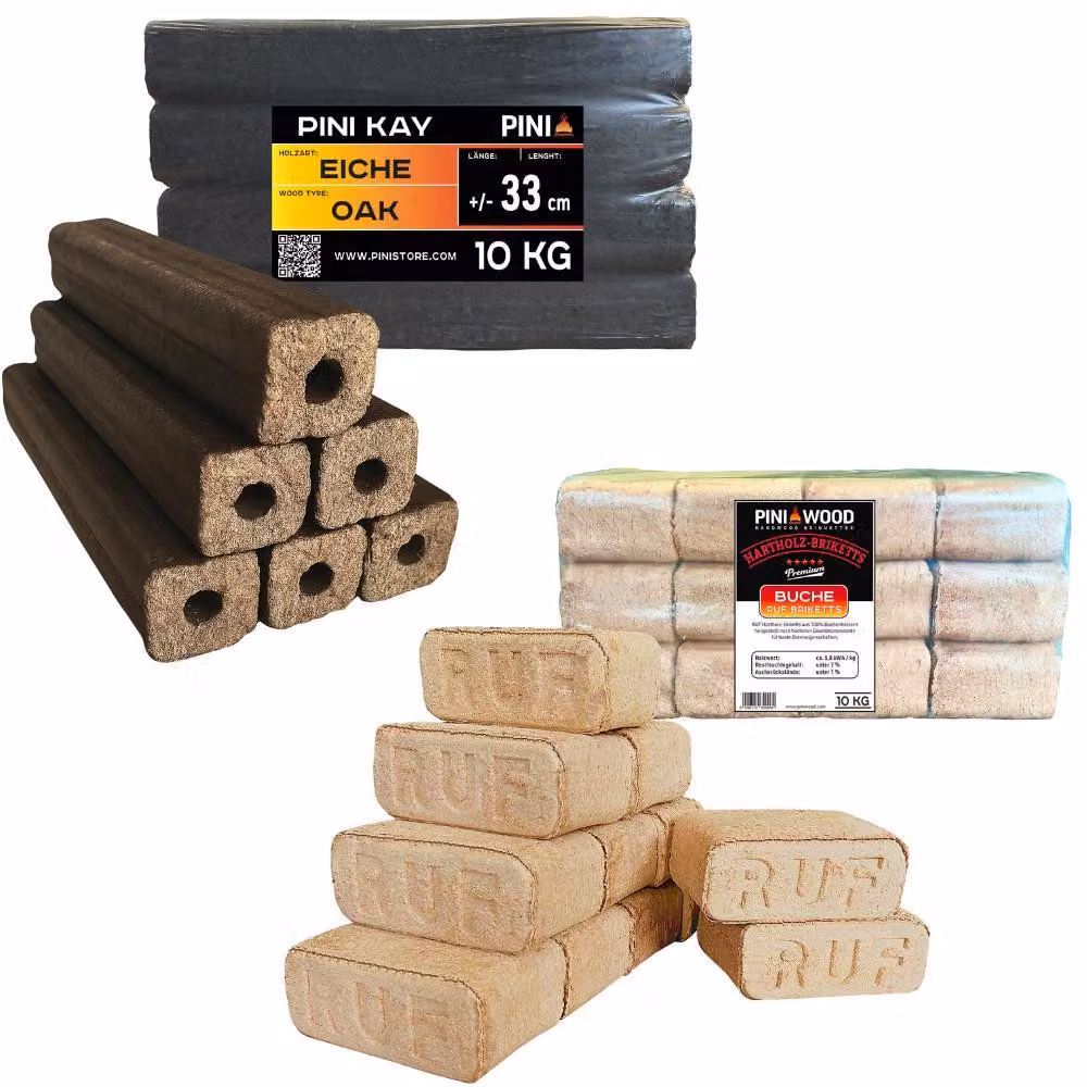 Set di bricchetti di legno PINI Premium – Legno di faggio RUF + legno di quercia PINI KAY, 10 kg + 10 kg