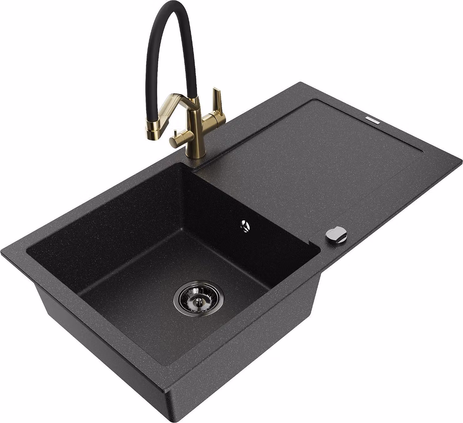 Mexen Leo lavello in granito a 1 vasca con scolapiatti e miscelatore Duo, nero/metallizzato argento - 6501-73-671701-57-B