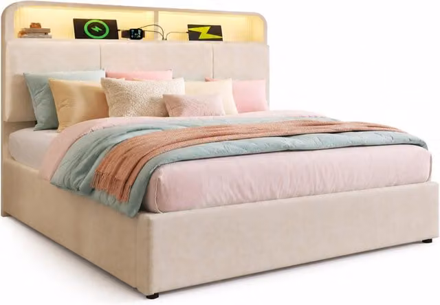 Letto matrimoniale 140x200 cm con contenitore idraulico; LED; USB-C; velluto beige