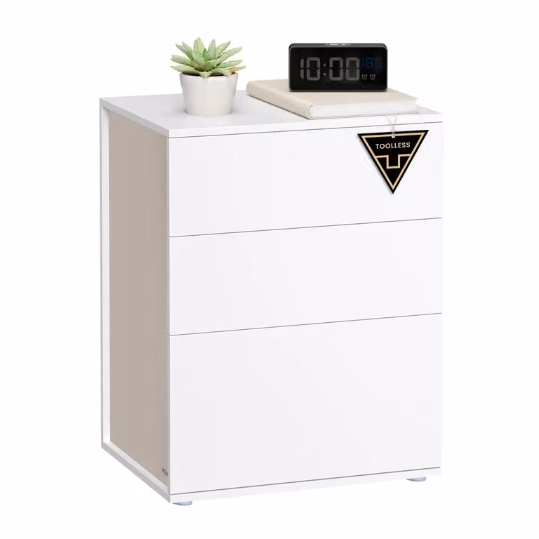 Comodino da Letto con 3 Cassetti Bianco Opaco e Beige Cappuccino, Bianco Opaco + Beige Cappuccino