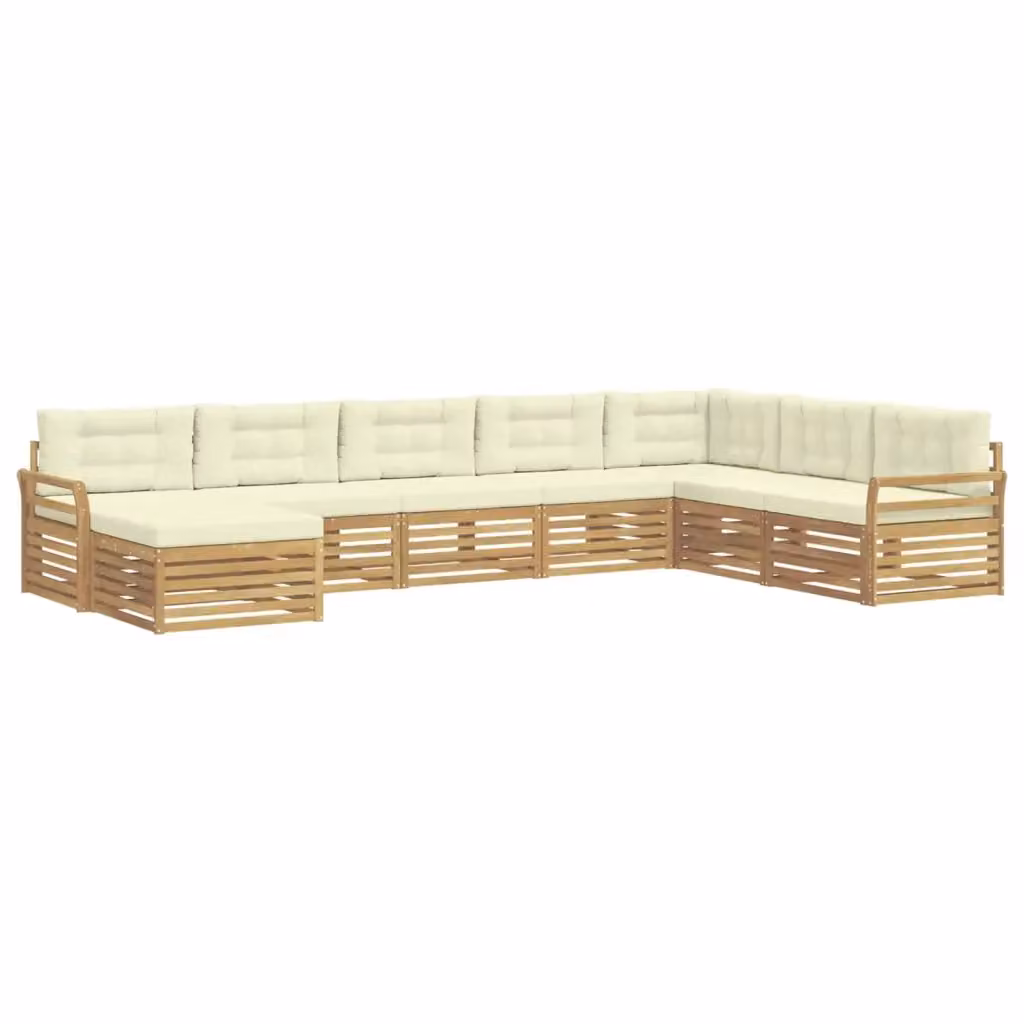 Set di divani da esterno a L vidaXL in legno di acacia con pouf e cuscini, Bianco e Beige – 2