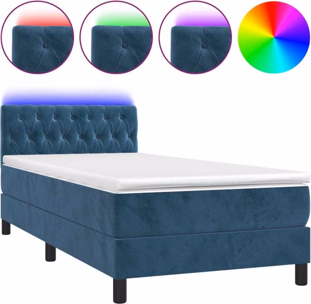 Letto a Molle con Materasso e LED Blu Scuro 90x200cm in Velluto