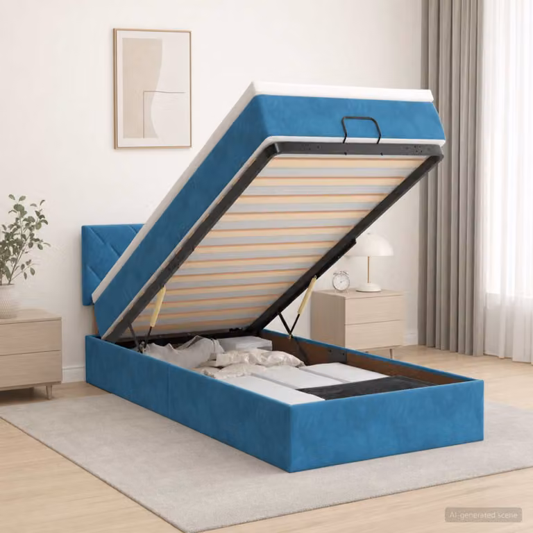 Letto ottomano con materasso vidaXL in velluto blu e bianco, L/P/H: 190 x 90 x 44 cm