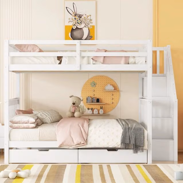 Letto a castello per bambini in legno e MDF bianco con scala contenitore e 2 cassetti L/P/H: 200 x 140 x 160,5 cm