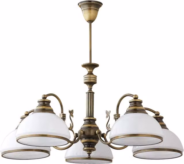 Lampadario retro Zeus ottone patinato vetro bianco 5xE27