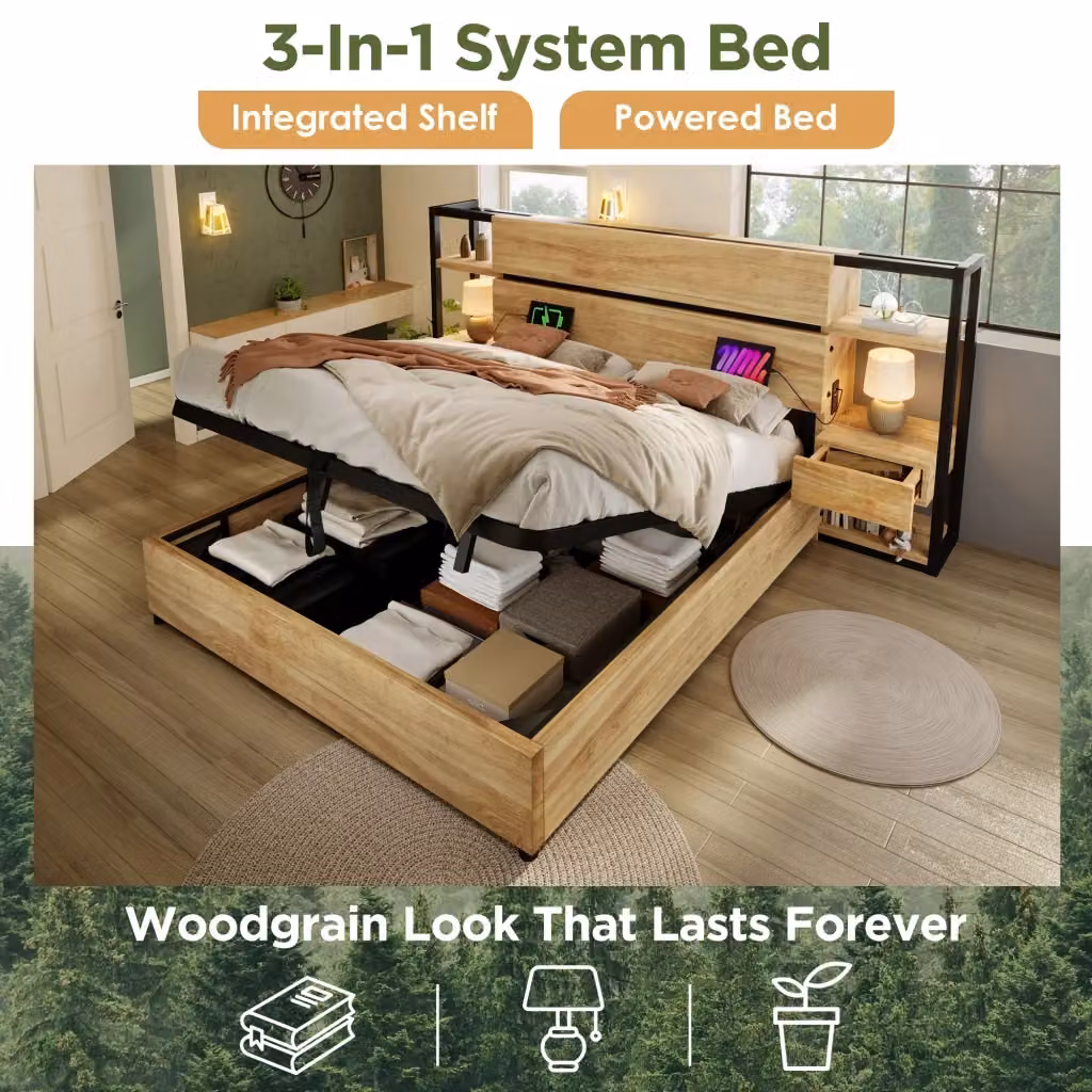 Letto contenitore matrimoniale in stile industrial con cassetti e ripiani, colore rovere e marrone, dotato di porte USB e Type-C, L/P: 180 x 200 cm – 2