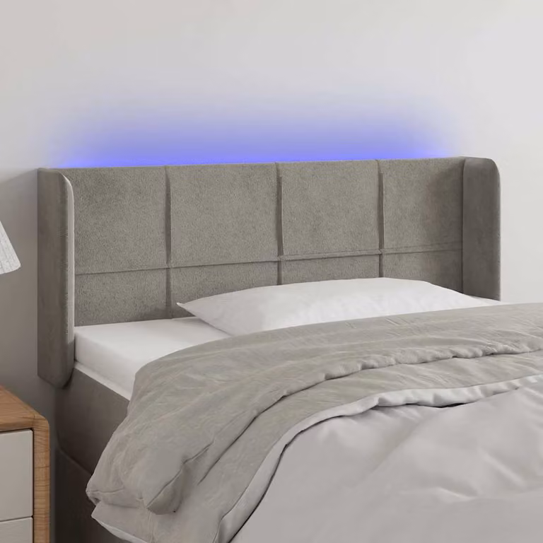 Testiera per letto vidaXL in velluto grigio chiaro con illuminazione LED e porta di ricarica USB, L 83 cm, P 16 cm, H 78-88 cm