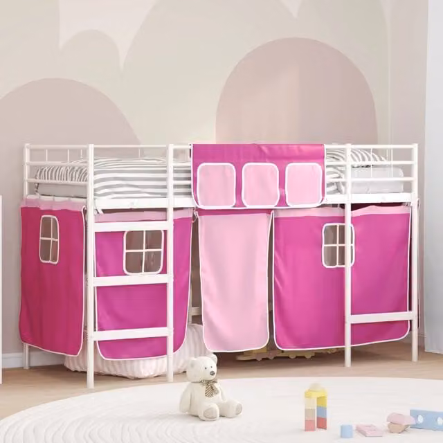 Letto a castello per bambini con tende Bianco e Rosa 42020826
