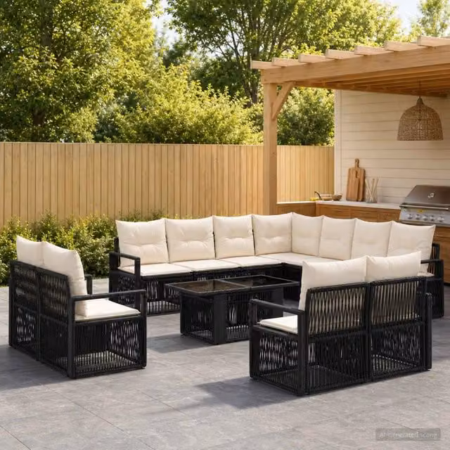 Set Divano da Giardino a L vidaXL in Polyrattan con Tavolino da Esterno e Cuscini, Nero e Bianco