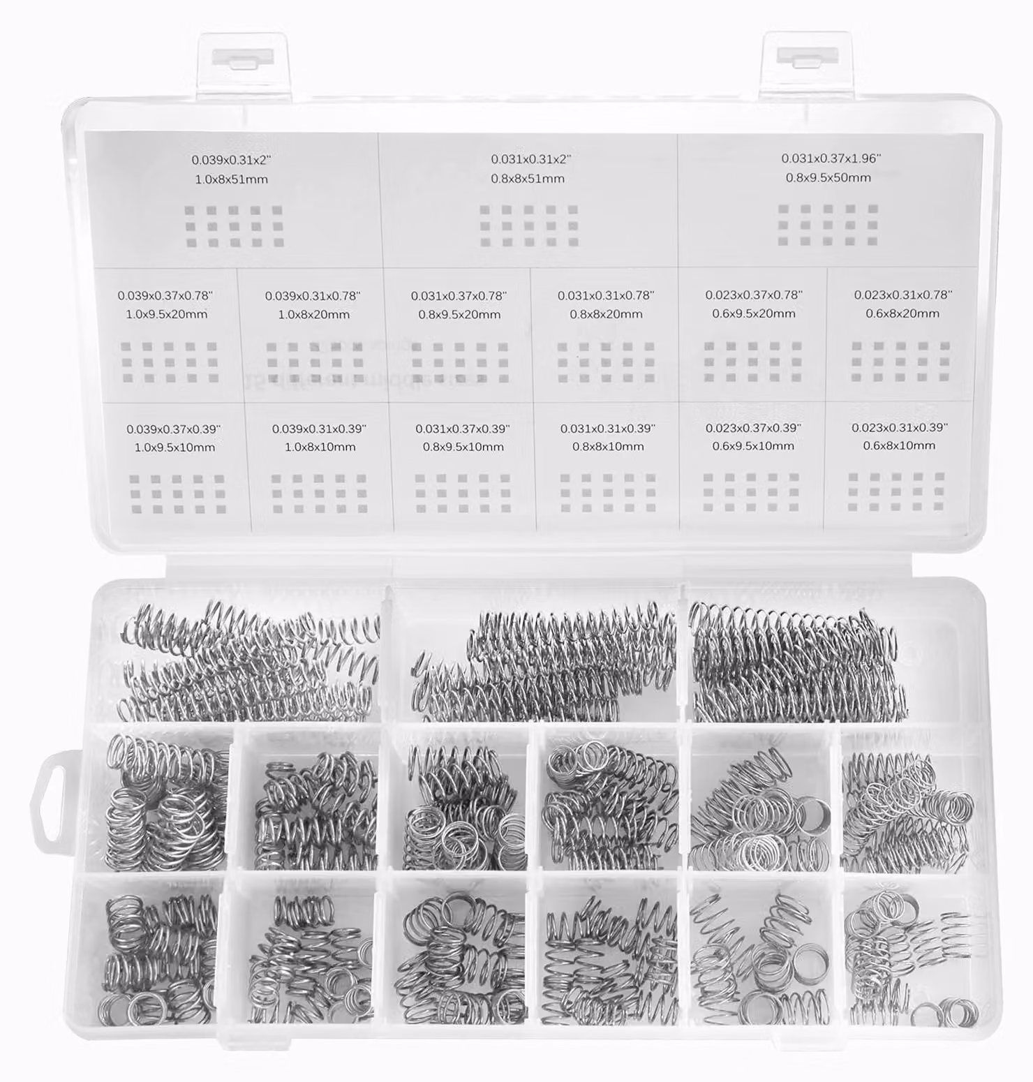 Assortimento di inserti Federn, 225 pezzi, 15 dimensioni, diametro da 0,6 a 1 mm, diametro di testa da 8 a 9,5 mm, lunghezza da 10 a 50 mm