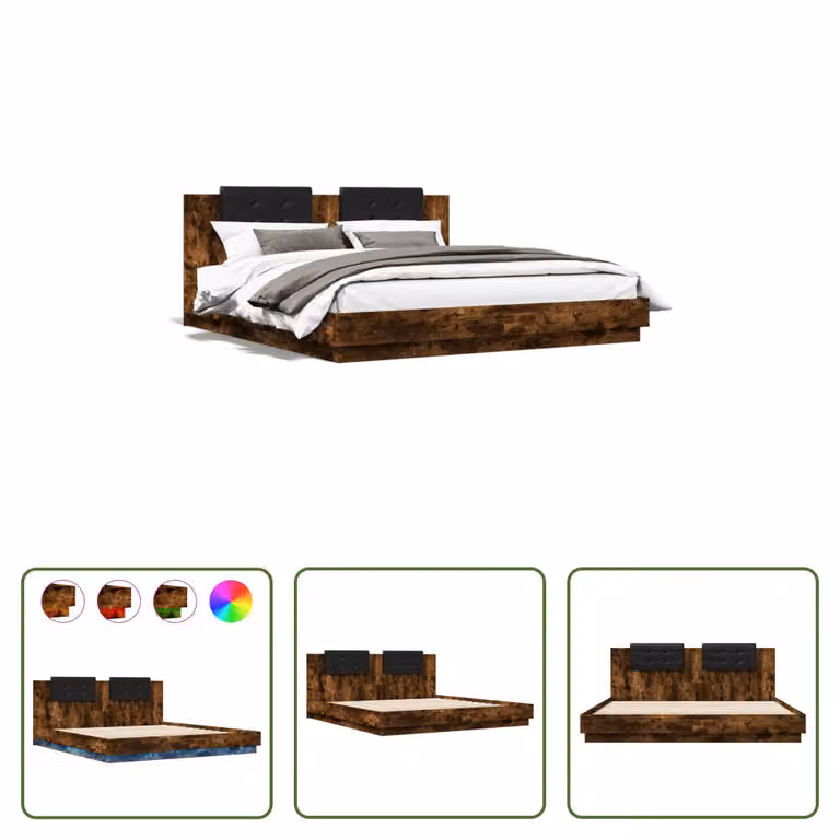 The Living Store Struttura letto con testiera e luci LED rovere fumé 200x200 cm