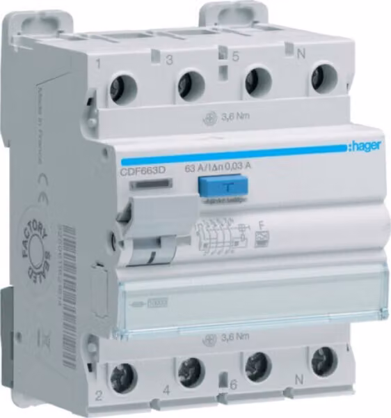 Hager FI-SCH. 4P 10KA 63A 30MA TIPO F (CDF663D)
