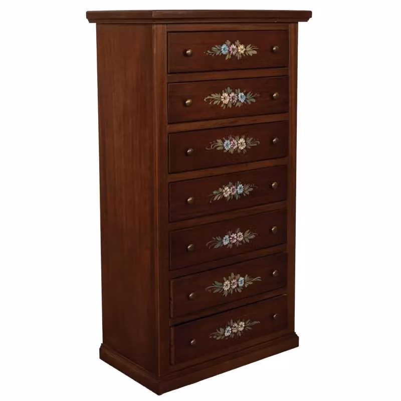 Cassettiera in legno di pino stile arte povera con 7 cassetti decorazione floreale tinta noce Mobili 2G L: 70 cm, P: 40 cm, H: 120 cm – 1
