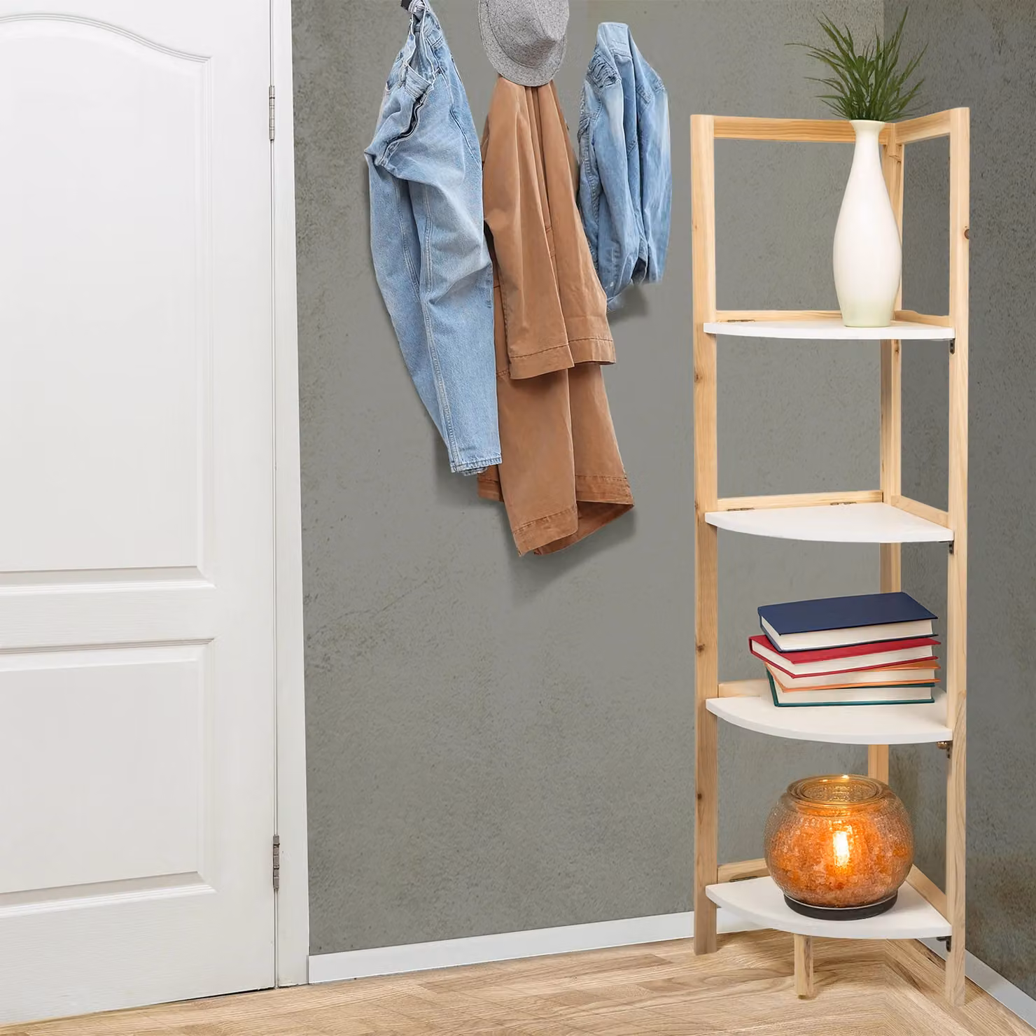 Scaffale Angolare Multiuso VESTIAMO CASA Linea Woodhandy in Legno di Abete con 4 Ripiani, Bianco, H 108,5 x L 27 x P 27 cm – 2