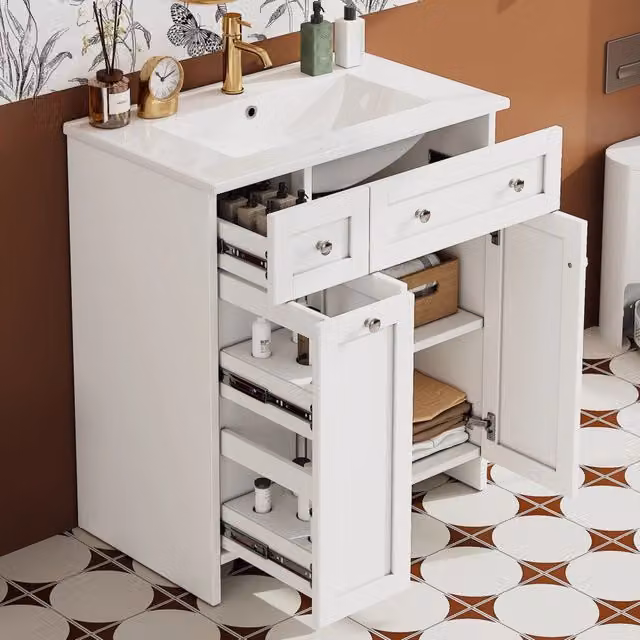 Mobile sottolavabo freestanding ¨C Minimal ¨C bianco, lavabo ceramica, 8 cassetti, 76,5x47x87 cm