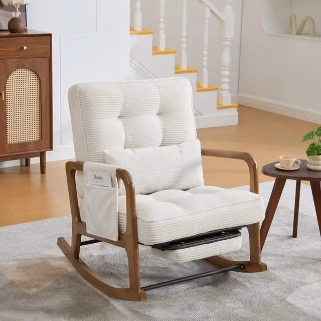 Poltrona dondolo Minimal con poggiapiedi e cuscino lombare beige in tessuto corda e struttura in legno massello