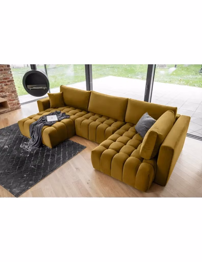 Divano angolare convertibile BONITA MEUBLORAMA giallo in tessuto con funzione letto e seduta sollevabile, lato sinistro, L 350 cm x P 175 cm – 2