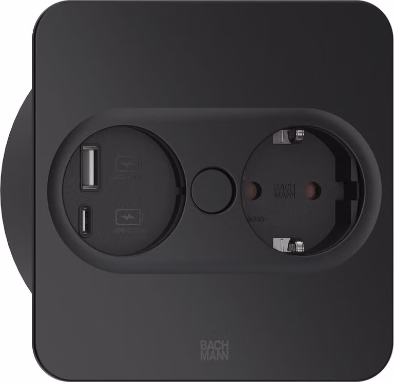 Bachmann TWIST 2 presa multipla quadrata da incasso, 1 presa Schuko + USB A+C, cavo 2M, nero opaco