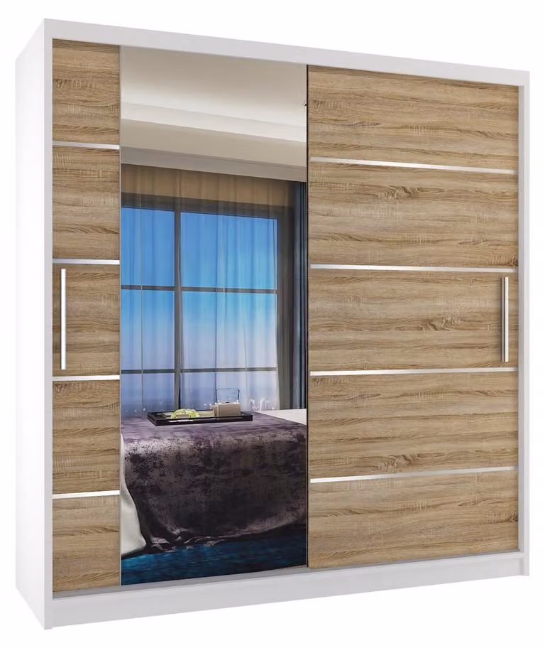 BELINI Verona, armadio scorrevole da 158 cm, bianco/effetto legno sonoma opaco - armadio con specchio e 2 cassetti, ideale per la camera da letto