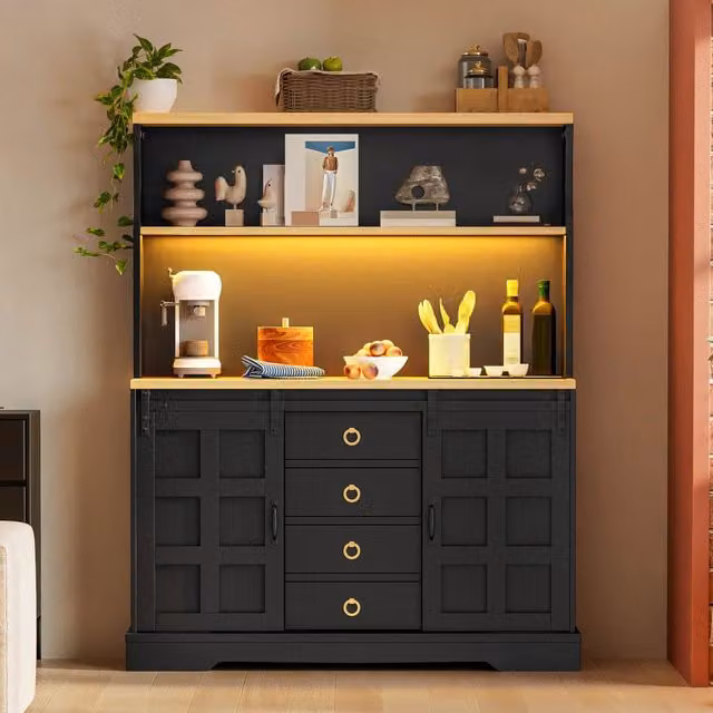 Credenza e madia con 2 ante scorrevoli, 4 cassetti e LED RGB, per cucina e sala da pranzo, nero, 120 × 40 × 150 cm