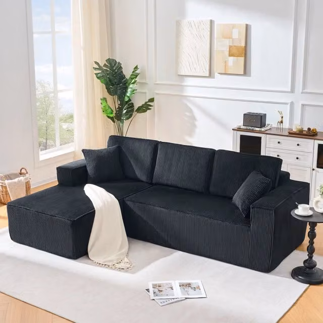 Divano angolare modulare Mivray a 2 posti con chaise longue sinistra in velluto nero con cuscini inclusi L 235 x P 128 x H 60 cm