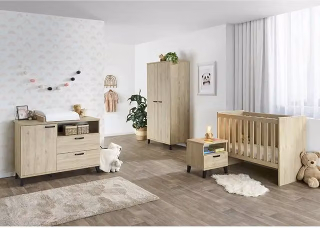 Set camera per bambino Meublorama DANAÉ in stile scandinavo, composta da letto trasformabile, armadio, fasciatoio e comodino, colore marrone e beige – 1
