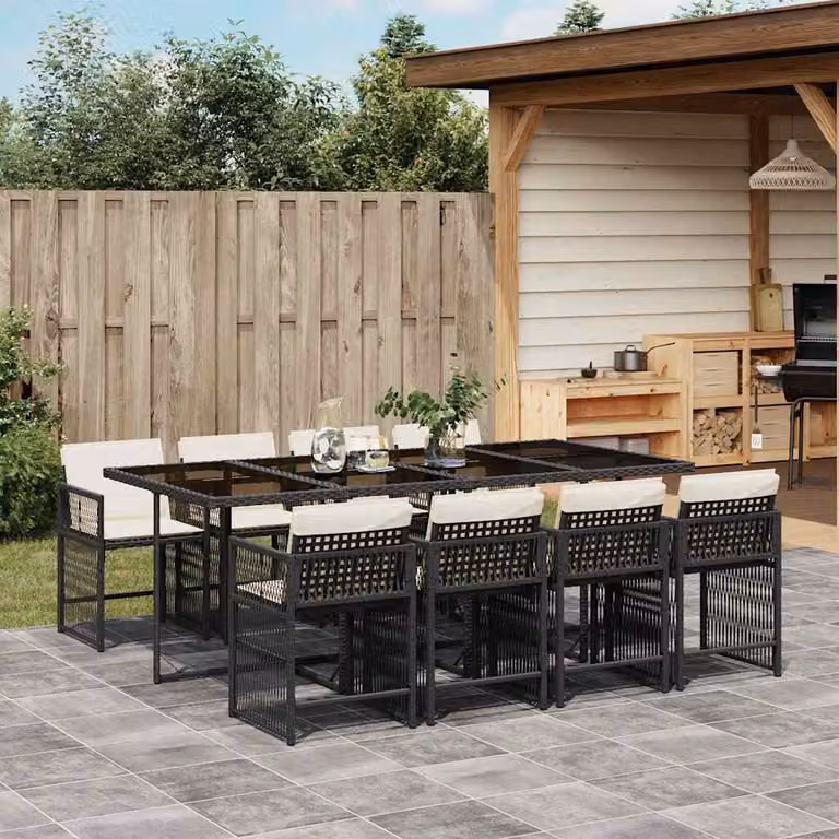 vidaXL Set da Pranzo da Giardino 9 pz in Polyrattan Nero con Piano in Vetro e Cuscini Bianchi