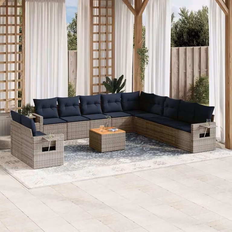 Set di divani da giardino vidaXL in polyrattan grigio con cuscini e tavolino da esterno a forma di L