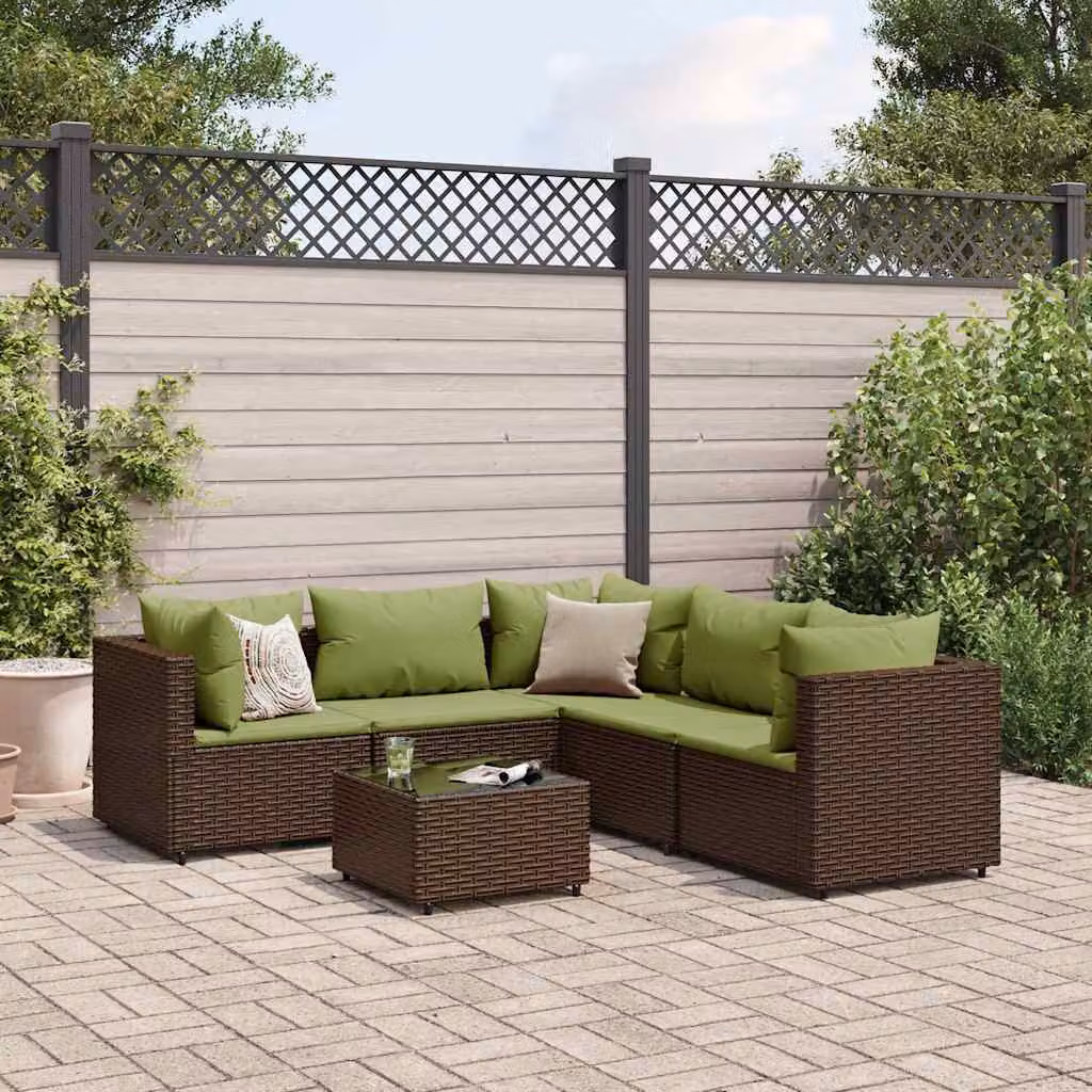 Set Mobili da Giardino vidaXL 6pz a Forma di L con Cuscini Marrone e Verde in Polyrattan e Acciaio – 1