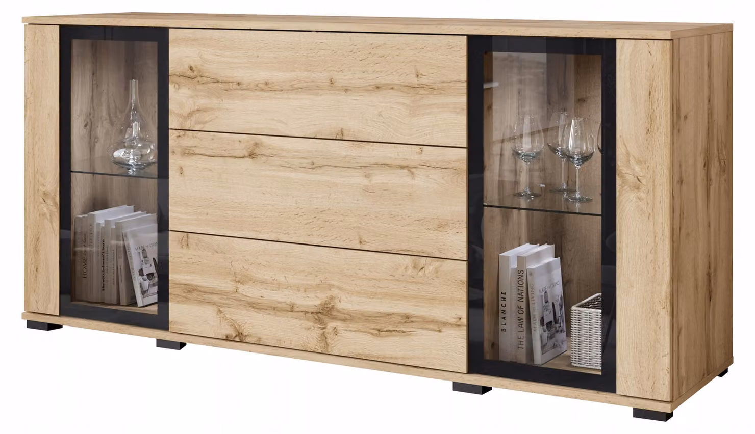 Mobile contenitore moderno da 150 cm, con vetri e cassetti, finitura wotan opaca