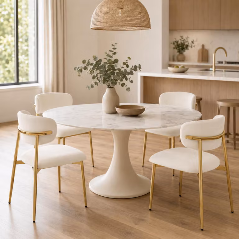 Set di 4 sedie da pranzo Flieks, con struttura dorata regolabile in altezza, imbottite, ideali per la sala da pranzo o la cucina. Dimensioni: 51x50x81 cm. Colore: bianco e oro