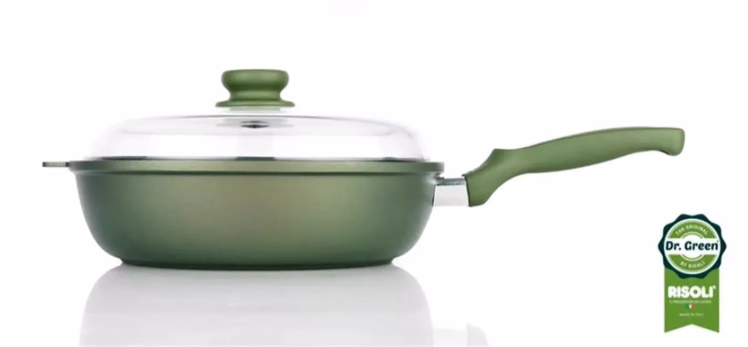 Padella Padella Alta Dr. Green ad induzione in alluminio pressofuso con coperchio e un manico in bakelite, diam. 24cm