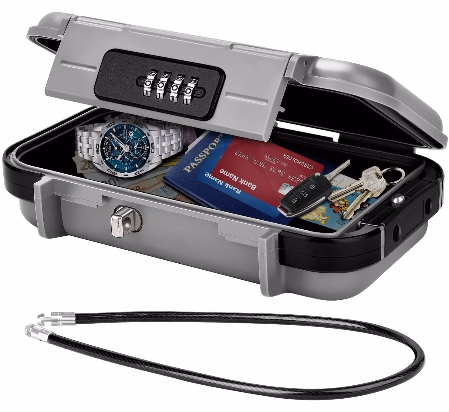 Cassaforte portatile grigia - Serratura a combinazione meccanica - Capacità 2000 ml - Materiale: plastica - Adatta per uso domestico e in viaggio