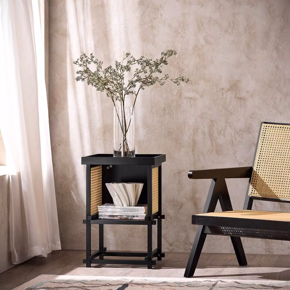 SoBuy Tavolino da divano con inserti in rattan Ripiano inferiore Nero Scandnavo HFBT03-SCH