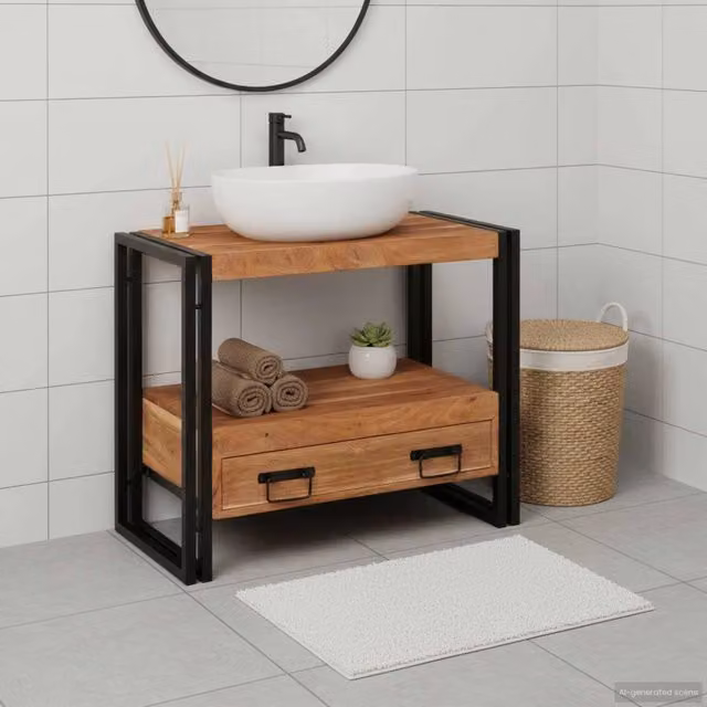 Armadio da bagno moderno vidaXL in legno di acacia marrone con cassetti e ripiani interni L/P/H: 71 x 33 x 58 cm – 1