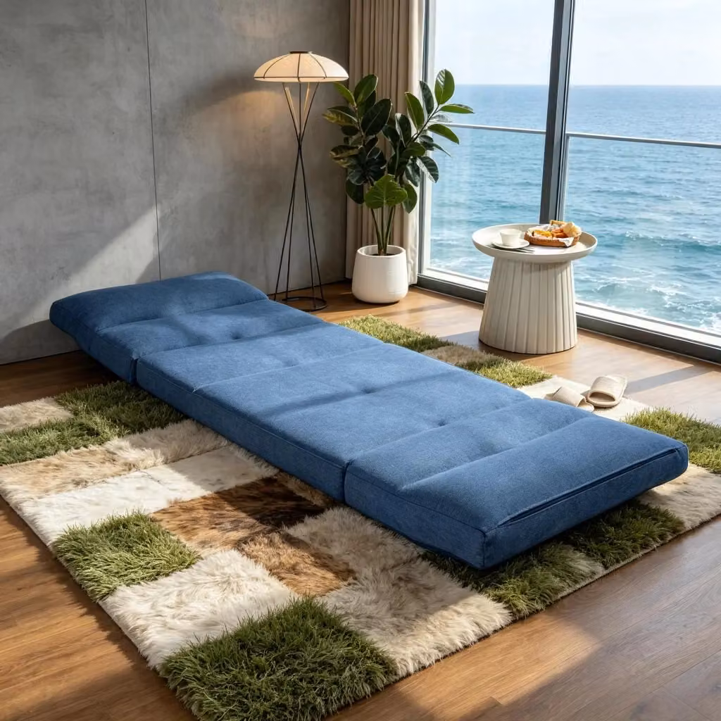 Poltrona reclinabile da pavimento REDOM blu con struttura in metallo e rivestimento in tessuto, L: 72 cm, P: 70 cm, H: 56 cm – 2