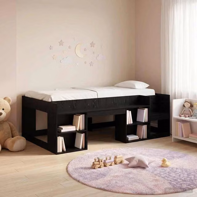 Letto Singolo Rialzato per Bambini vidaXL con Ripostiglio e Scomparti Laterali in Rovere e Nero L: 193 cm, P: 120 cm, H: 103,5 cm